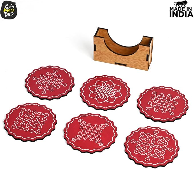 GKD Wooden Coasters for Drinks, Coasters Set of 6 with Holder, 3.5 inches Eco-Friendly Absorbent Coaster for Coffee Table, Bar, Drinking Glasses, Tabletop Protection (1, Fine Art Red)