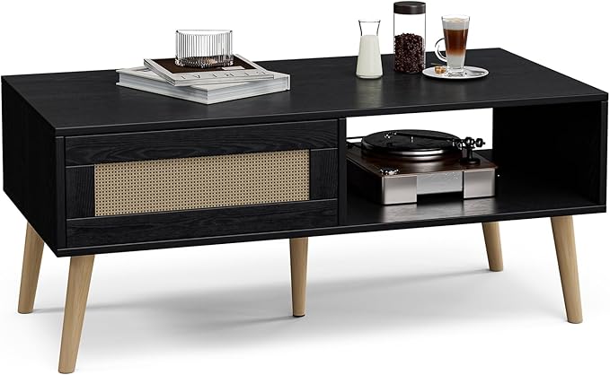 Wood Coffee Table with Storage, Boho Dining Table with Sliding Rattan Door Panel and Solid Wood Legs, Small Coffee Tables for Living Room, Oak (Black_LSJ008)