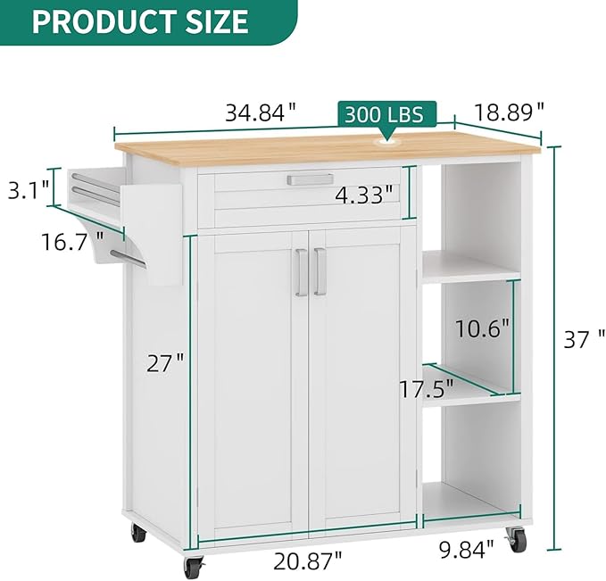 YITAHOME 37" Rolling Kitchen Island Cart with Storage, Butcher Block Island on Wheels, Mobile Kitchen Storage Carts with Shelves & Spice Rack, White