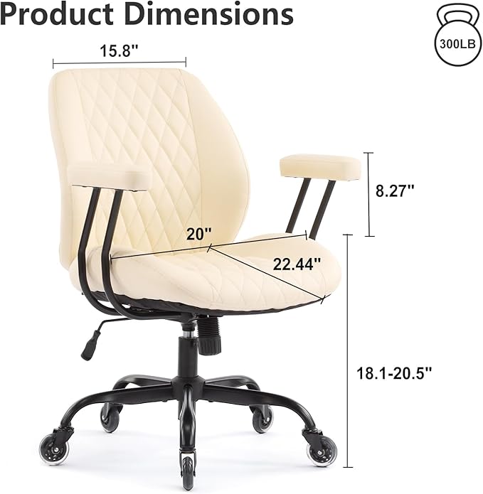 YFO Home Office Desk Chair Office Rubber Casters Ergonomic Computer Chair with Lumbar Support Adjustable Height Rolling Swivel Executive Task Armrests Chair， Cream Leather