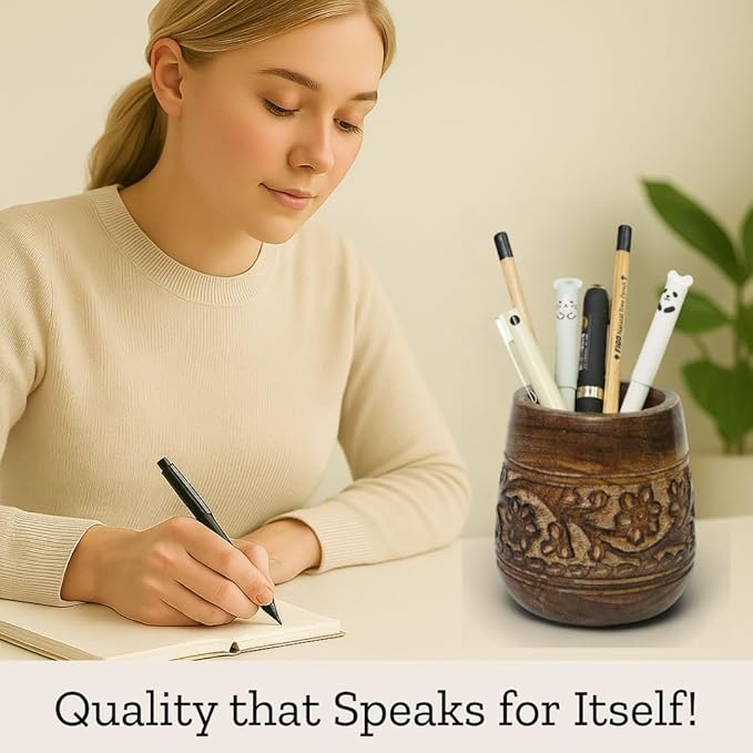 Mie Creations Designer Pencil Holder for Desk Wood | Wooden Pen Stand, Paintbrush Cup, Desk Accessories, Cute Make Up Brush Organizers | Office Desktop Stationery, Mothers Day Gift for Mom- 4'' Brown