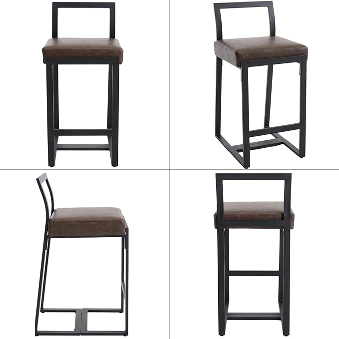 26’’ Modern Bar Stools Set of 4, Upholstered PU Leather Bar Chairs with Backrest Armless Counter Height Stools with Metal Frame for Kitchen Island Dining Room, Grayish Brown