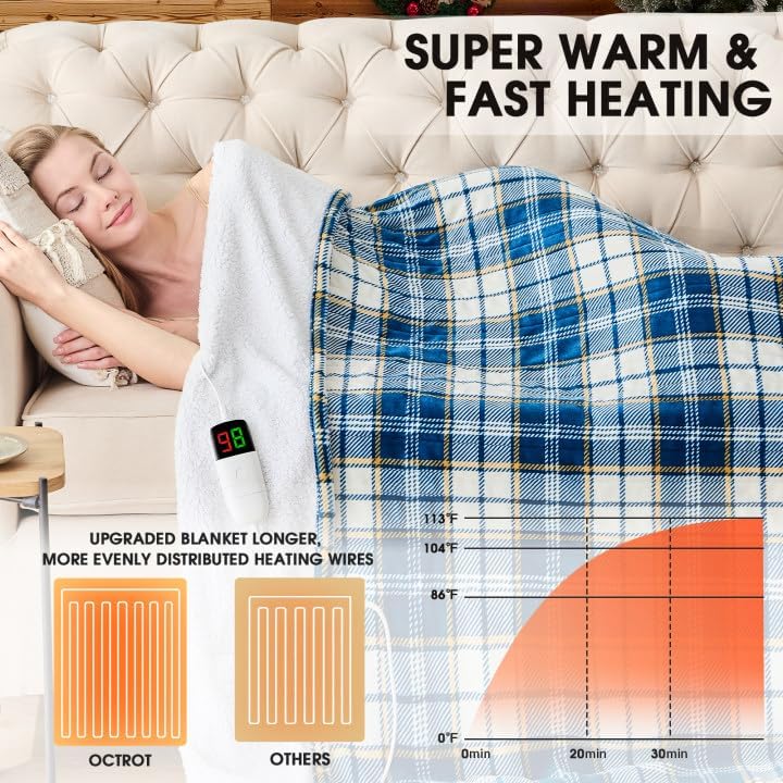 Heated Blanket Electric Full Size 72X84, Heating Throw with 10 Heating Levels/8 Hours Auto Off, Navy Blue Plaid Checkered Sherpa Blanket Warmer for Adults, Washable Gift for Couch Bed Office