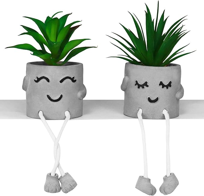 Zerzsy Faux Succulents in Cement Pots with Hanging Leg, Potted Mini Fake Plants for Desk Decor, Kitchen Shelf Decor, Office Decoration for Women, Bathroom Shelf Plants Decoration- Set of 2