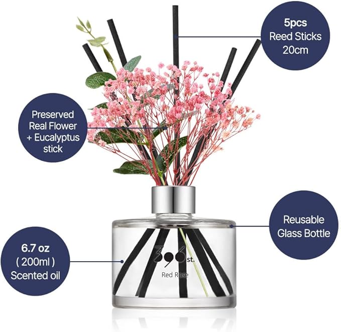 396 st. Preserved Baby's Breath Flower Reed Diffuser, White Musk, 200ml(6.7oz) / Reed Diffuser Sets, Home Fragrance, Scented Oils, Home & Bathroom Décor