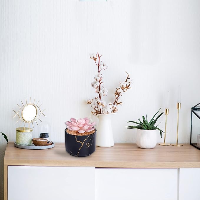 Succulent Artificial Plants,Cute Fake Succulents in 1 Black Ceramic Pots,Small Fake Plants for Office,Table,Desk,Bathroom, Bedroom,Aesthetic Room Shelves Decor,Desk Decorations for Women Office