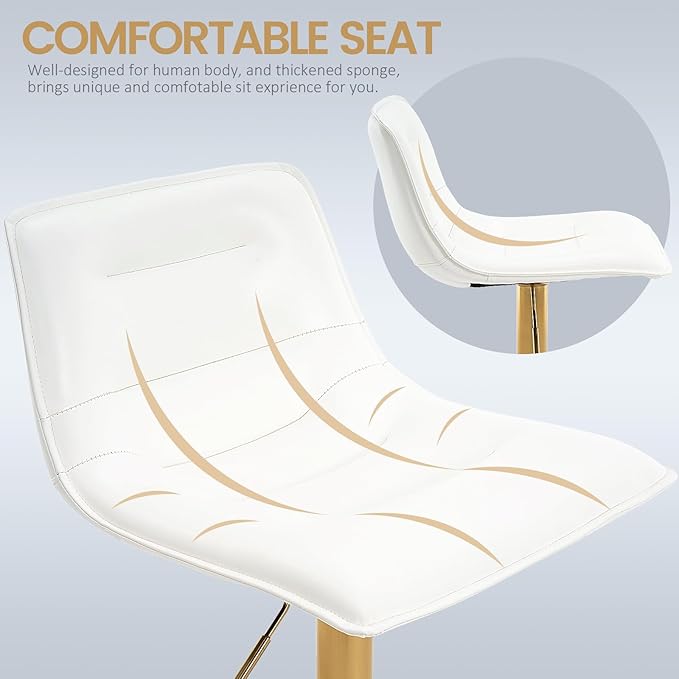 Brage Living Adjustable Bar Stools Set of 2, Modern PU Leather Swivel Counter Height Barstools with Back, Armless Airlift Curved Bar Chairs for Kitchen Dining Cafe (Pearl White, Gold Base)