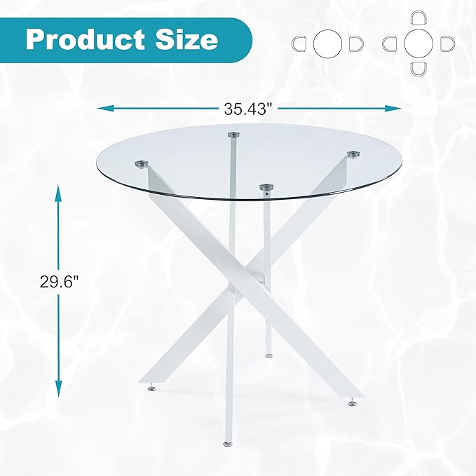 Dining Table for 4 Modern Round Dining Table 35.43" Kitchen & Dining Room Tables with Metal Legs and Glass Tabletop for Dining Room and Apartment, White