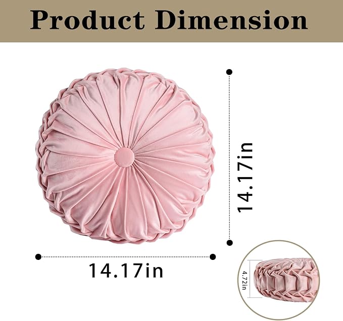 HIG Set of 2 Pink Ruched Velvet Round Throw Pillows – 14.5’’ Decorative Pillows with Soft Polyester Filling for Couch, Bed, Living Room, Bedroom, or Dorm – Handmade, Stress Relieving, All-Season