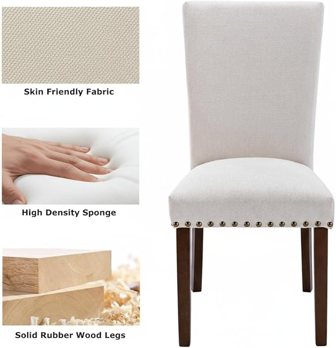 Set of 4 Beige Upholstered Dining Chairs – Farmhouse Kitchen Chairs with High Back, Solid Rubberwood Legs, Padded Foam Seat & Bronze Nailhead Trim, Comfortable Dining Room Chairs for Home, Living Room