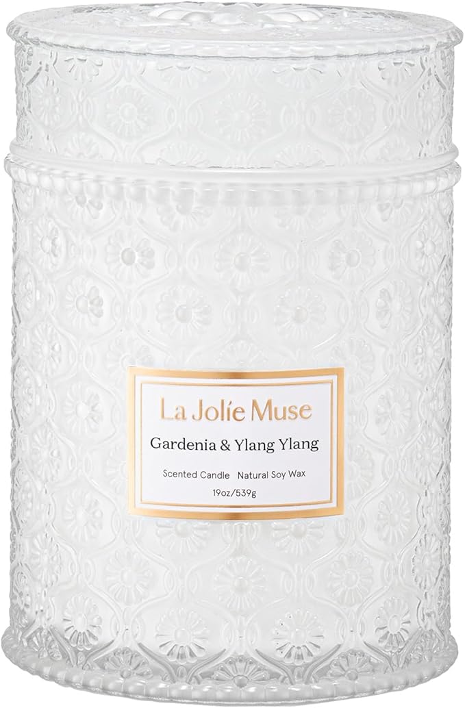 LA JOLIE MUSE Gardenia & Ylang Ylang Scented Candle, 19.4 oz, Large Glass Jar Candles for Women, Wood Wick Candle Gift, Soy Candles for Home, 90 Hours Long Burning Time