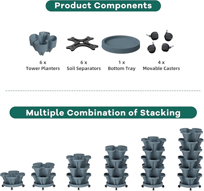 Strawberry Stackable Planters, Vertical Tower Garden, 6 Tiered Stacking Herb Vegetable Planters with Movable Casters and Bottom Saucer Indoor and Outdoor - Dark Grey