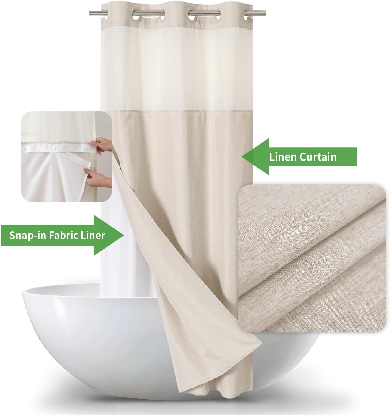 Stall No Hooks Needed Linen Textured Shower Curtain with Snap-in Fabric Liner Set,Hotel Luxury Decor Shower Curtains for Bathroom with Mesh Top Window,Waterproof & Washable,36Wx74H,Cream