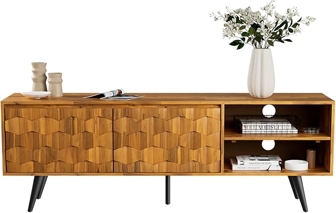Bme Georgina Solid Wood, 10 Minutes Assembly Entertainment Center with Storage Geometric Pattern Console for Living, Bedroom, Dining Room, TV Stand 65 Inch, Teak Brown