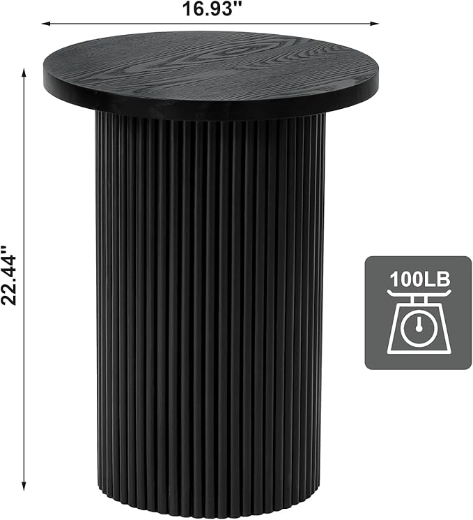Modern Side Table, 16.93" Fluted Round Pedestal Table for Living Room, Bedroom, Entryway, Sofa, Chair – Black Accent Table with Solid Wood Strips End Table, Fully Assembled Drum Table