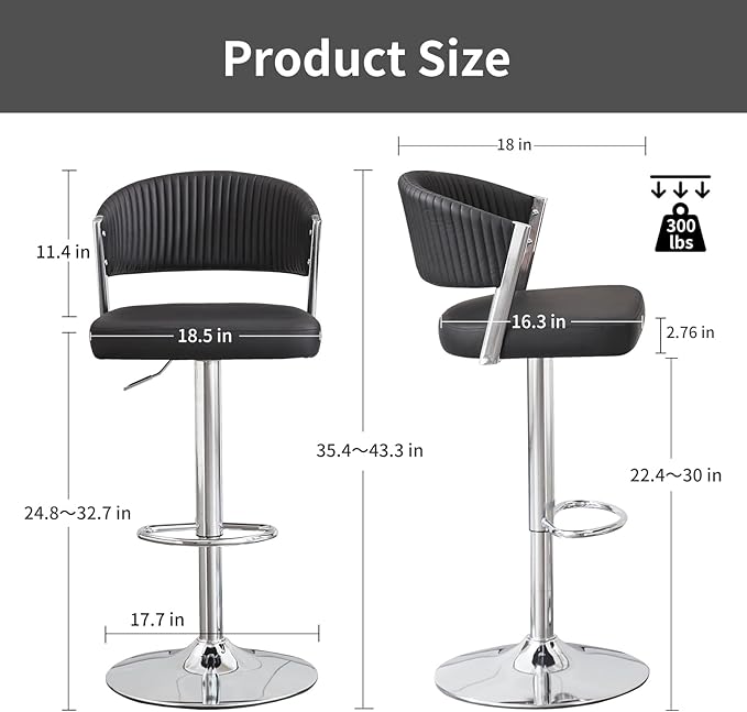 Bar Stools Set of 2, Adjustable Swivel Counter Height Bar Stools with Back and Footrest, PU Leather Bar Chairs for Kitchen Dining Room - Black