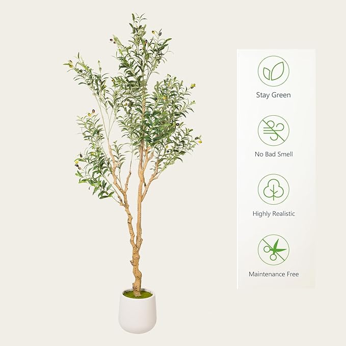 Phimos Artificial Olive Tree with Planter Pot Large Faux Olive Branches and Fruits Artificial Tree for Modern Home Office Living Room Floor Decor Indoor (7FT)