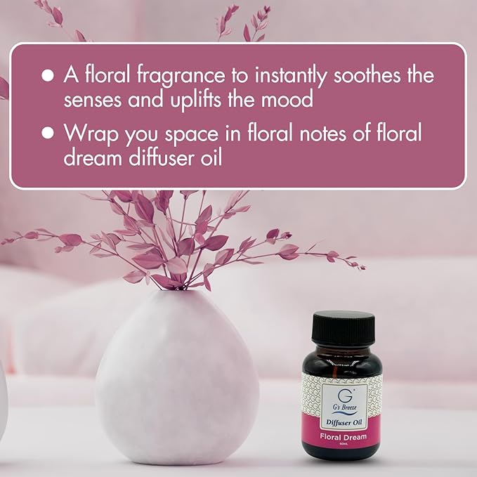 G's Breeze Floral Dream Diffuser Oil Refill - Luxurious Rose, Lily & Jasmine Blend for Long Lasting Floral Freshness – Ideal Scent for Home & Office – Create an Uplifting Atmosphere - 60 ML