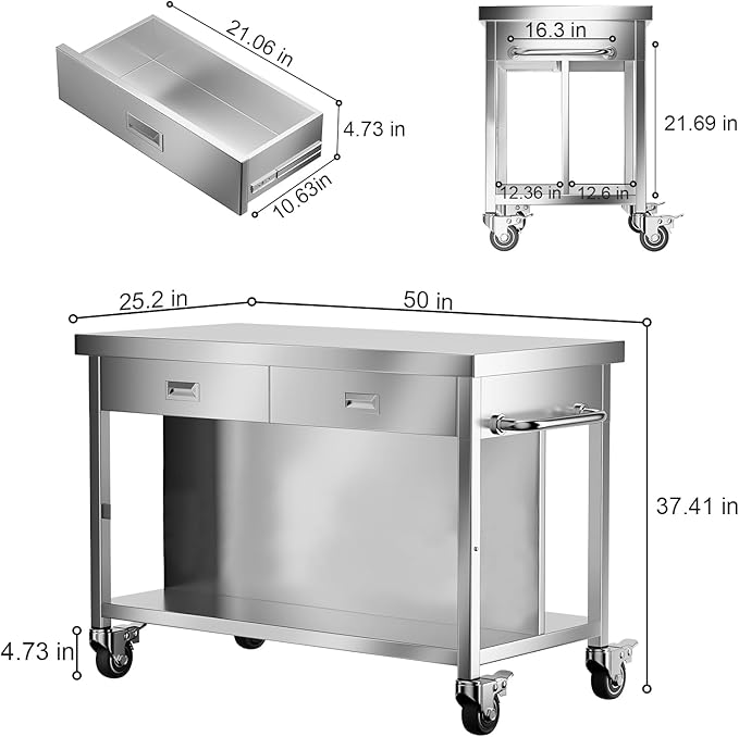 Stainless Steel Kitchen Island with Storage, Rolling Kitchen Island Cart on Wheels, Industrial Kitchen Cart with 2 Drawers, Portable Island for Commercial Kitchen, Bar, Outdoor Patio, 25 x 50 x 37 in