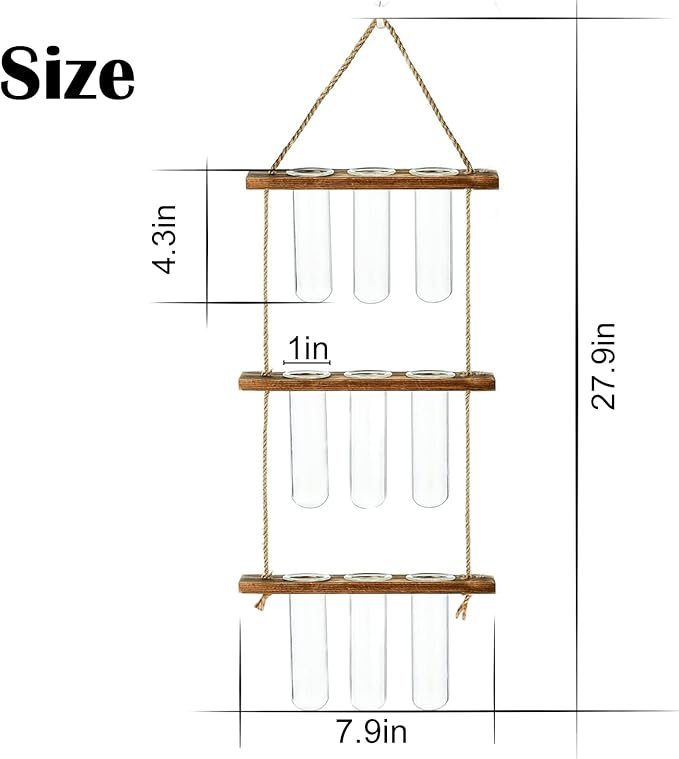 XXXFLOWER Wall Hanging Propagation Station with Wooden Stand Glass Test Tubes Tiered Planters Wall Terrarium for Home Office Plant Hanger Flower Vases Wall Decor Hydroponic Cuttings (9 Tube Vases)