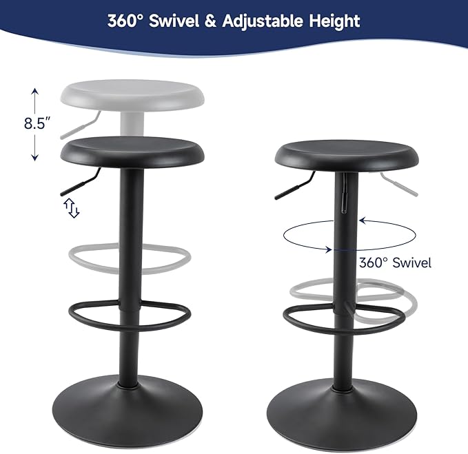 Brage Living Bar Stools Set of 2, Adjustable Height Swivel Bar Stools, Metal Airlift Barstools, Backless Counter Height Bar Chairs for Kitchen Dining Room Pub Cafe (Black)