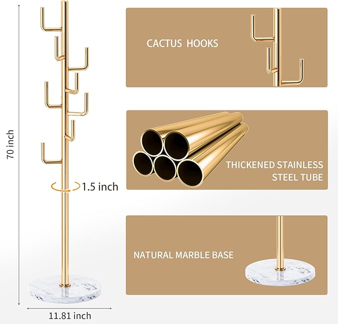 Modern Metal Coat Rack Stand with Natural Marble Base, Heavy Duty Coat Rack Freestanding with 8 Hooks, Golden Cactus Standing Coat Racks for Bag, Jacket, Entryway Office (Golden Cactus)