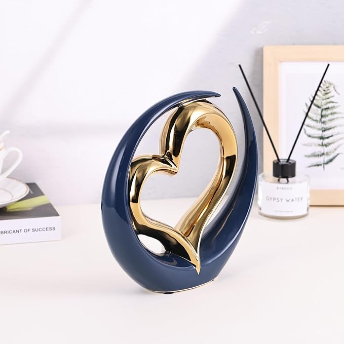Ceramic Heart Decor Love Statue, Navy Blue Gold Double Hearts Sculptures for Home Table Centerpiece Decor, Valentine, Wedding, Decorative Items for Shelves, Coffee Table Decor (Hug Heart-Round)