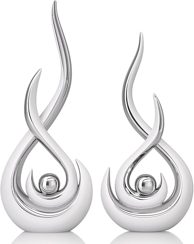 Modern Abstract Art Home Decor Accent,Contemporary Statues Coffee Table Decor for Living Room,Table Centerpieces for Dining Room,Ceramic Sculptures Knick Knacks for TV Stand Show Piece (White Silver)
