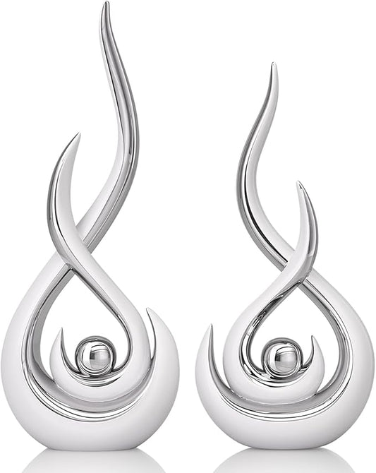 Modern Abstract Art Home Decor Accent,Contemporary Statues Coffee Table Decor for Living Room,Table Centerpieces for Dining Room,Ceramic Sculptures Knick Knacks for TV Stand Show Piece (White Silver)
