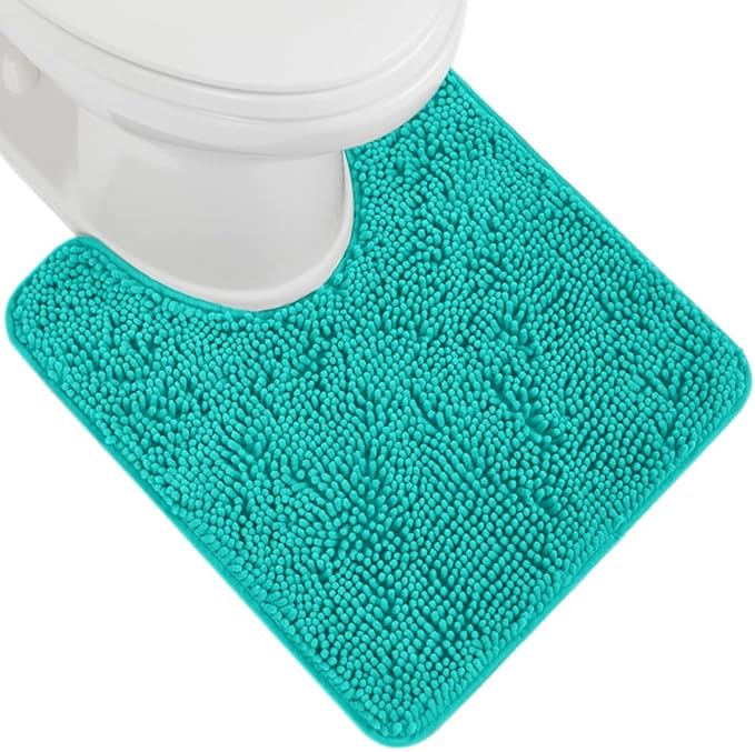 GORILLA GRIP Plush Absorbent Shaggy Chenille Bath Rug Mat for Oval Toilet Base with Rubber Backing, Machine Washable Rugs, Soft Microfiber Contour Mats for Toilets, Bathroom Decor, Turquoise