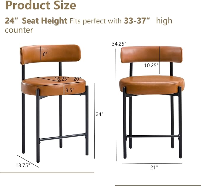 24'' Faux Leather Bar Stools Set of 2, Brown Bar Stools with Backs, Counter Height Bar Height Stools for Kitchen Island, Upholstered Bar Chairs