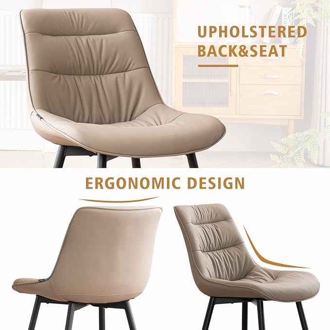 Kidol & Shellder Dining Chairs Set of 2, Modern Upholstered Faux Leather Kitchen Side Chairs with Comfortable Back - Mid-Century Armless Chair for Dining Living Room Bedrooms, with Metal Legs (Khaki)