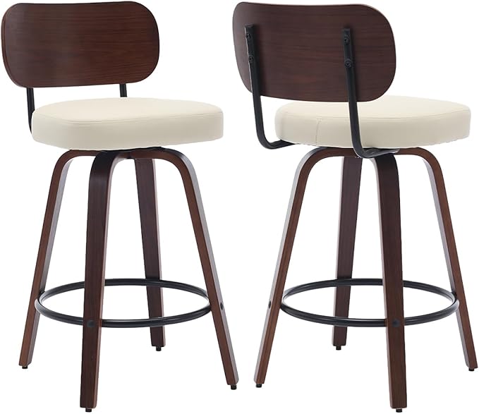 Counter Stools Set of 2, 26 inch Swivel Counter Height Bar Stools with Walnut Back,Upholstered PU Leather, Bentwood Legs, Mid Century Modern Bar Chairs for Kitchen Island, Beige
