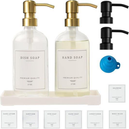 Glass Soap Dispenser for Kitchen Sink,Farmhouse Kitchen Dish Soap Dispenser&Hand Soap Dispenser Set,Rustproof Pump Soap Dispenser Bathroom with Tray,Waterproof Label for Kitchen Decor(Clear