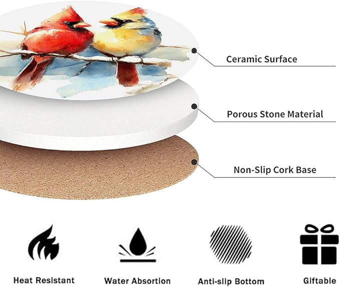 Winter Cardinal Drink Absorbent Coasters with Holder Set of 6, Ceramic Stone with Cork Base, Watercolor Bird Design Coaster for Drinks, Gift for Housewarming Room Bar Home Decor Kitchen