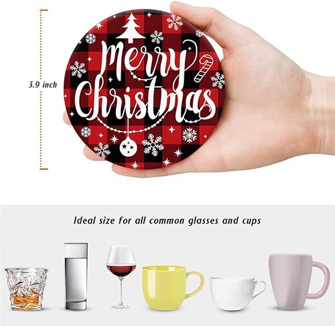 Christmas Absorbent Coasters with Holder Set of 6, Ceramic Stone with Cork Base, Red Buffalo Plaid Design Coaster for Drinks, Gift for Housewarming Room Bar Home Decor Kitchen
