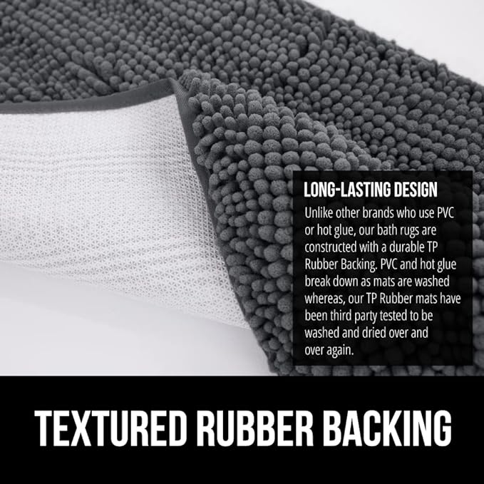 GORILLA GRIP Bath Rug Mat 44x26, Soft Absorbent Chenille, Quick Dry Microfiber Mats, Rubber Backing Washable Shower Floor Rugs, Bathmat Runner, US Designed Bathroom Home Decor Accessories Charcoal