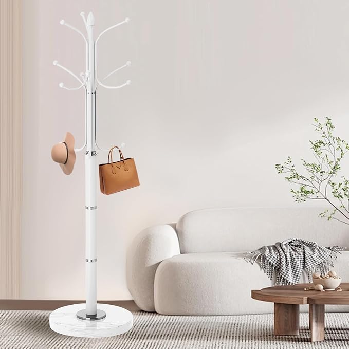 Modern Metal Coat Rack Stand, Coat Rack Freestanding with Natural Marble Base, Sturdy Heavy Duty Coat Racks with 12 Hooks, Coat Hall Tree Stand for Entryway, Office (12 HOOKS-White)