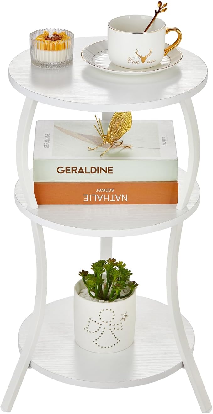 Vintage Small Round Side Table, 3-Tier Slim Waist Circular End Table with Storage Shelf, Compact Tea Sofa Table, Round Corner Coffee Table Nightstand for Living Room Bedroom Small Spaces,White