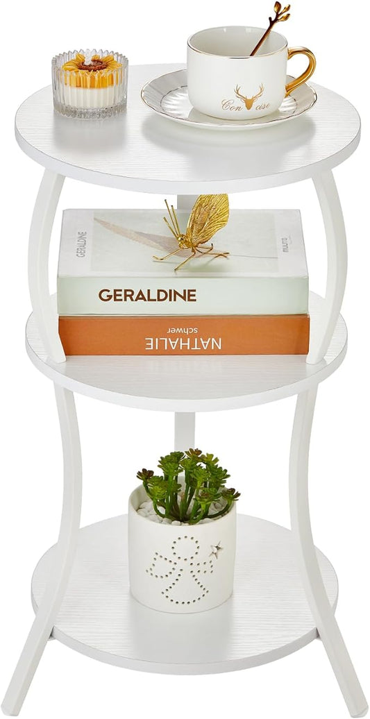 Vintage Small Round Side Table, 3-Tier Slim Waist Circular End Table with Storage Shelf, Compact Tea Sofa Table, Round Corner Coffee Table Nightstand for Living Room Bedroom Small Spaces,White