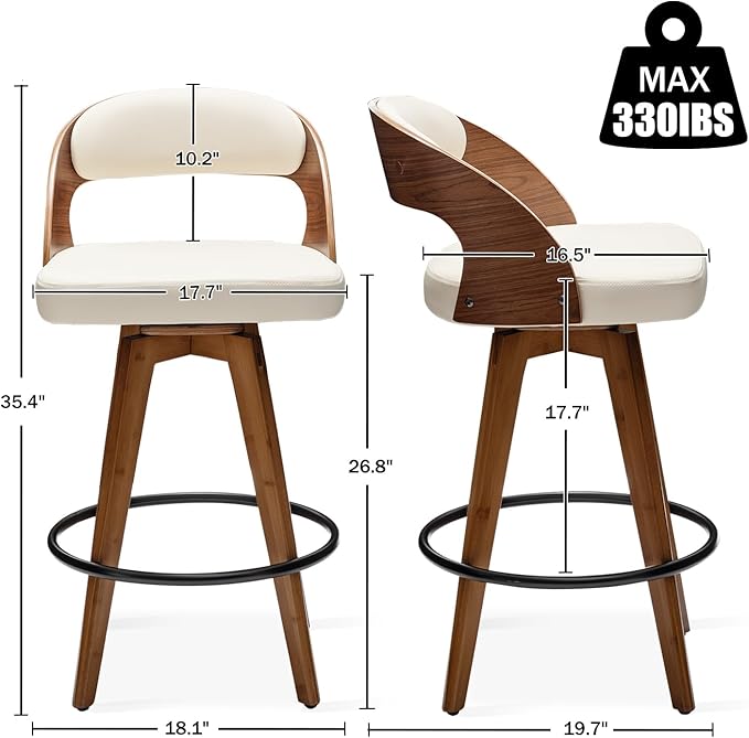 Barstools Set of 3,Counter Height Bar Stools for Kitchen Island,26.8 Inch H Modern Upholstered Bar Chair, Swivel Counter Stools with Wood Back and Bamboo Legs (Beige-Pu)