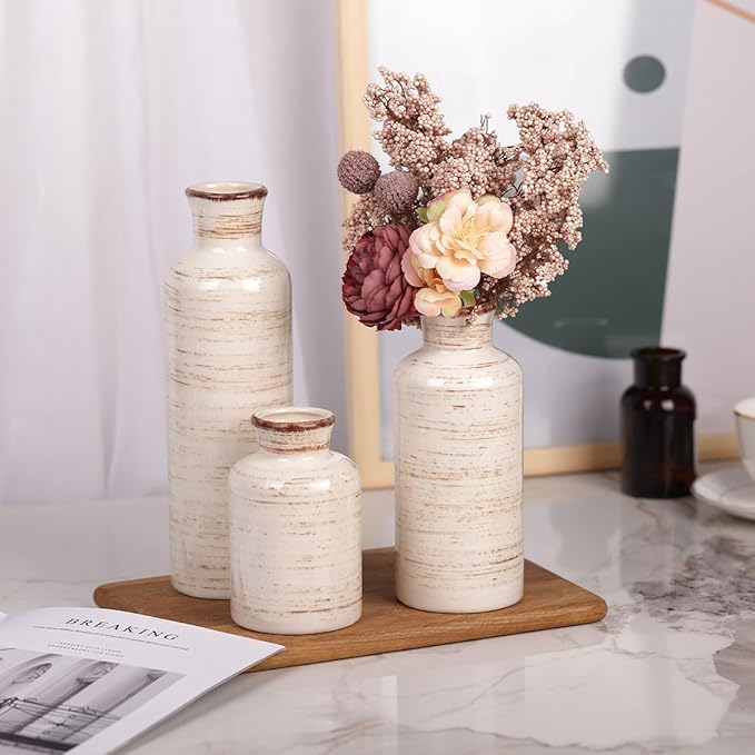 Ceramic Vase 3 Piece Set, Farmhouse Decor Ceramic Small Vases for Country Home, Decorative Vases for Centerpieces, Living Room, Table, Fireplace, Entryway and Modern Rustic Home Decor