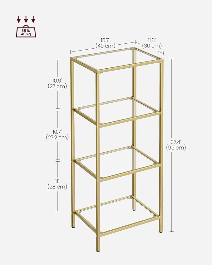 VASAGLE Bookcase, 4-Tier Bookshelf, Slim Shelving Unit for Bedroom, Bathroom, Home Office, Tempered Glass, Steel Frame, Metallic Gold ULGT28G