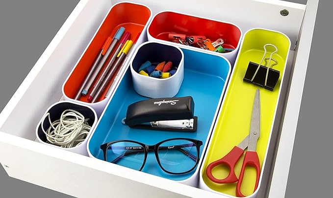 Three by Three Seattle 5 Piece Metal Organizer Tray Set for Storing Makeup, Stationery, Utensils, and More in Office Desk, Kitchen and Bathroom Drawers (2 Inch, Assorted Colors)