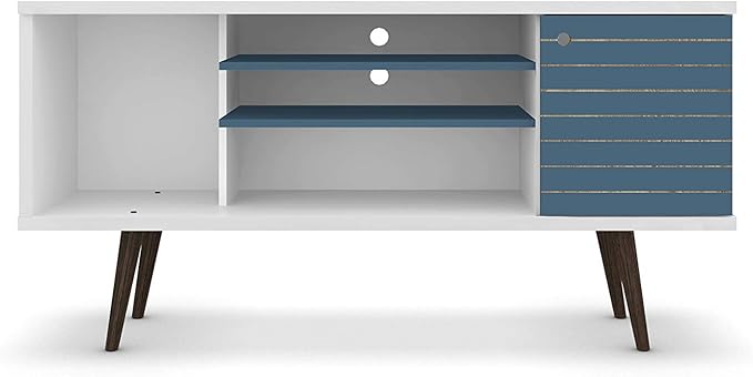 Manhattan Comfort Liberty Mid Century Modern TV Stand for Televisions up to 50 Inches, Bedroom and Living Room Entertainment Center with Storage, Shelves, and Cabinet, 53" Wide, White/Aqua