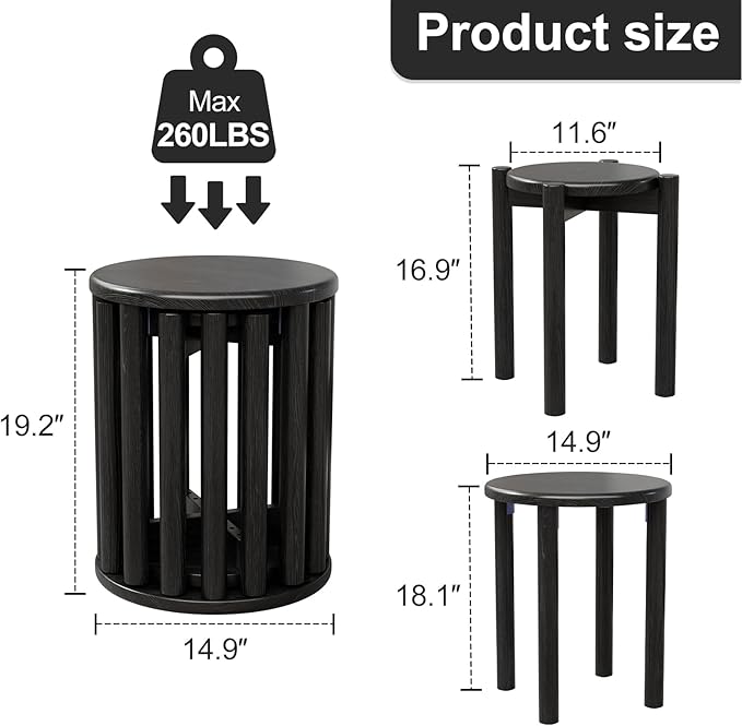 Stackable Stools Set of 4,Wood Stool,18 Inch Stool,Stacking Stools,Nesting Table,Sturdy and Durable,No Installation Required,Top Stackable Round Side Table (Black Barstool)