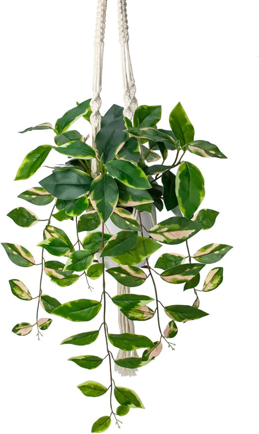 Briful Artificial Hanging Plant Indoor, Macrame Plant Hanger with Fake Pothos Plant in White Pot, Faux Hanging Plant for Home Ceiling Farmhouse Kitchen Decor