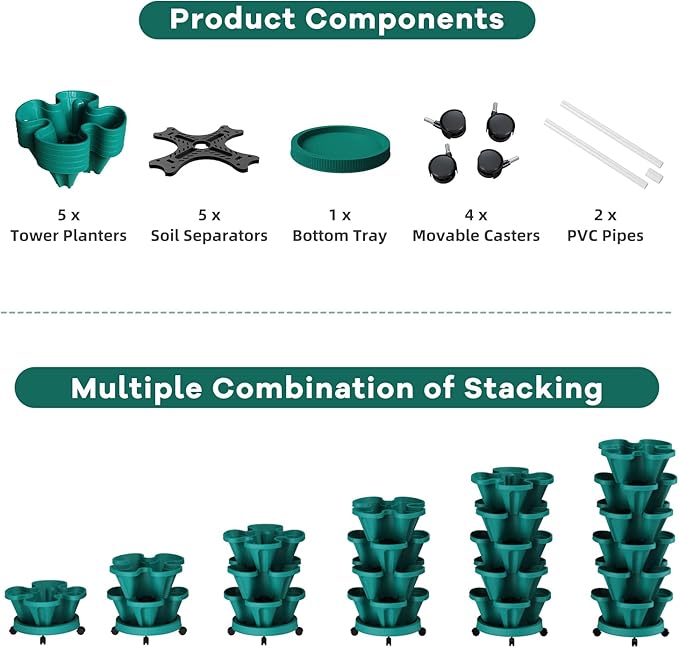 Strawberry Vertical Planters Tower Garden, 5 Tiered Stacking Planter with Support Pole, Stackable Herb Vegetable Planters Indoor and Outdoor - Hunter Green