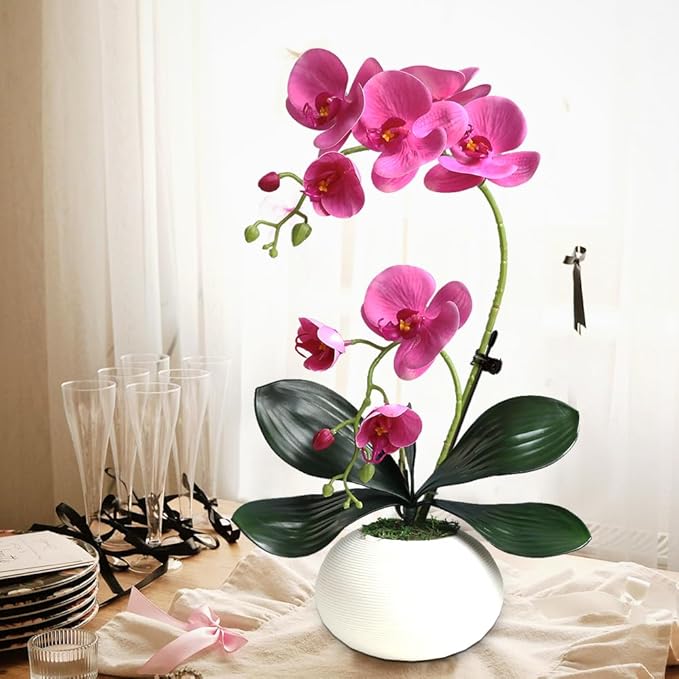 LESING Artificial Potted Orchid Flower for Table Centerpieces,Real Touch Fake Orchid Flowers in Vase for Home Decoration(Style 5,Purple)