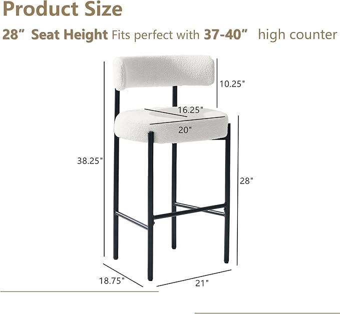 28'' Boucle Bar Stools Set of 3, White Bar Stools with Backs, Counter Height Bar Height Stools for Kitchen Island, Upholstered Bar Chairs